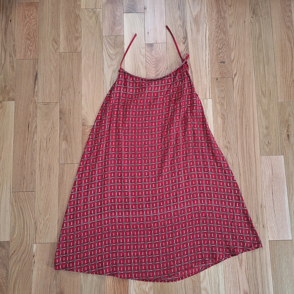 Vintage Geometric Floral Halter Midi Dress Red 90s Y2K Sleeveless A-Line